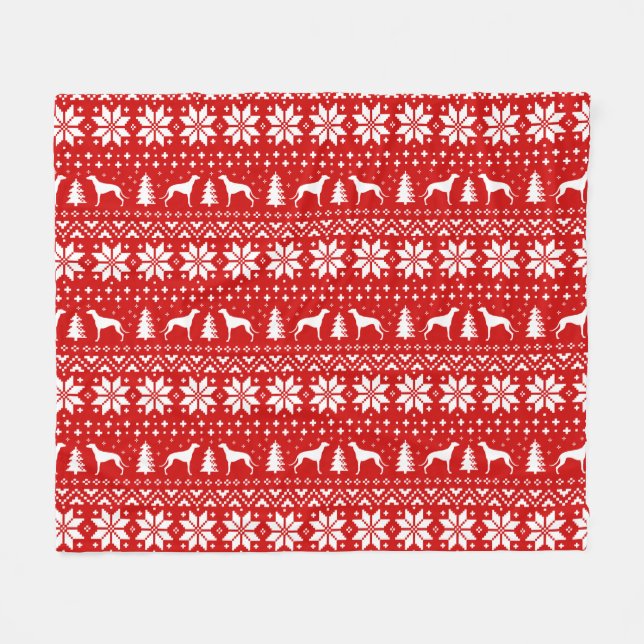 Greyhound Dog Silhouettes Christmas Holiday Red Fleece Blanket (Front (Horizontal))