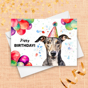 Greyhound Dog with Balloons and Party Hat Birthday Card