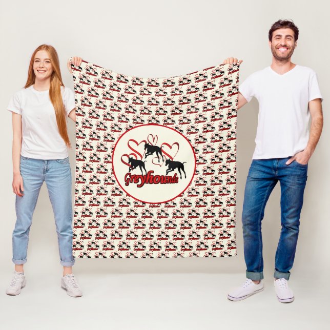 Greyhound Dogs And Red Hearts      Fleece Blanket (In Situ)