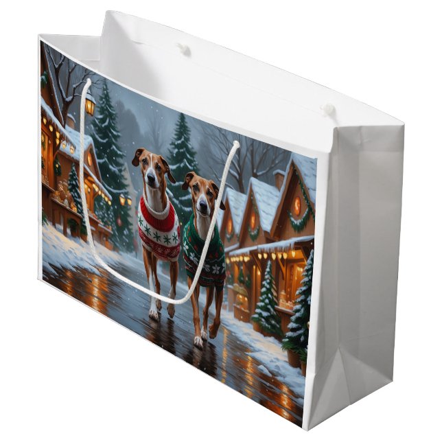 Greyhound Dogs Christmas Snow Holiday Large Gift Bag (Front Angled)