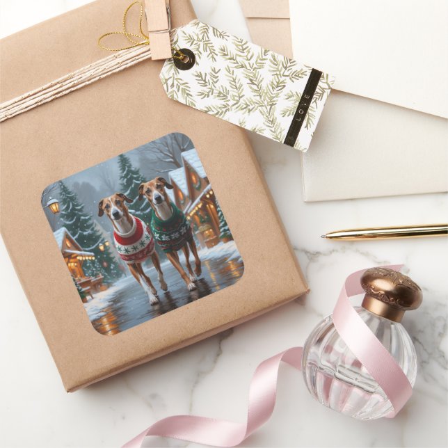 Greyhound Dogs Christmas Snow Holiday Square Sticker (Gifting)