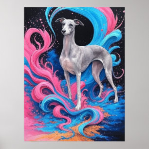  Greyhound Drawing w Water Splash Colour Backgroun Poster
