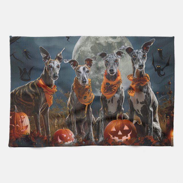Greyhound Halloween Spooky Kitchen Towel (Horizontal)