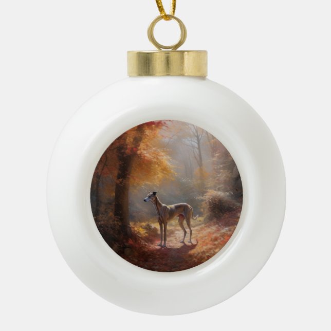 Greyhound in Autumn Leaves Fall Inspire Ceramic Ball Christmas Ornament (Front)