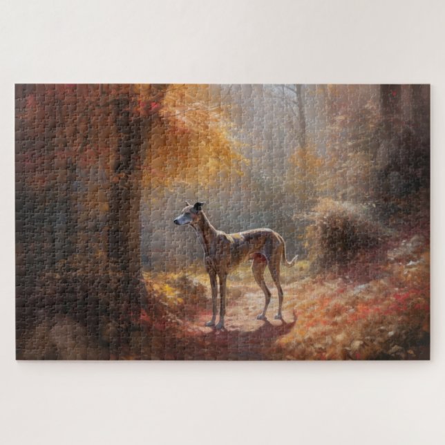 Greyhound in Autumn Leaves Fall Inspire Jigsaw Puzzle (Horizontal)
