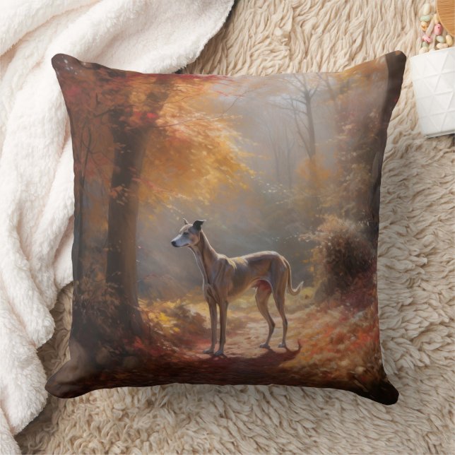 Greyhound in Autumn Leaves Fall Inspire Throw Pillow (Blanket)