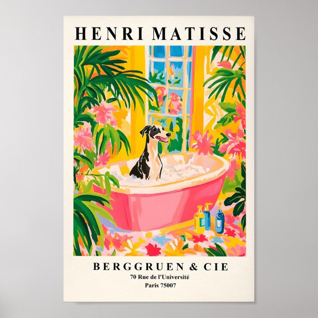 Greyhound In Bathtub, Funny Bathroom Decor, Henri  Poster (Front)