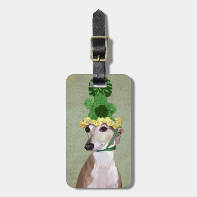 Greyhound in Green Knitted Hat Luggage Tag (Front Vertical)