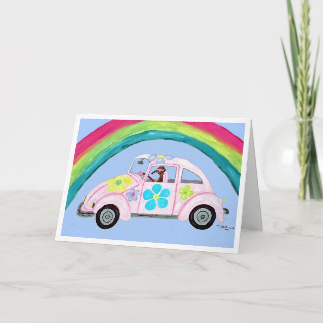 Greyhound in Hippie Car with Rainbow Card (Front)