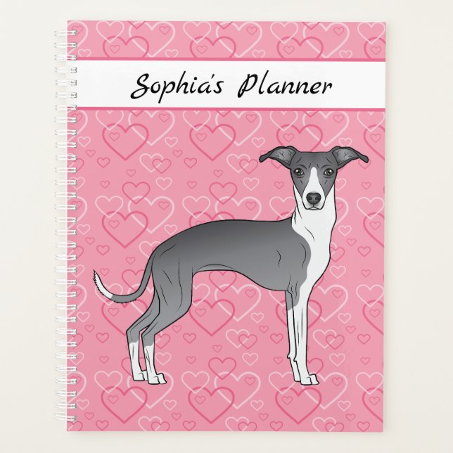 Greyhound Italien Bleu Et Blanc Sur Coeurs Rose (Devant)