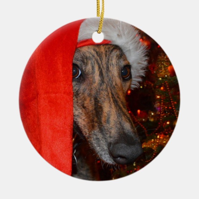 Greyhound Lurcher Santa Christmas Ceramic Ornament (Front)