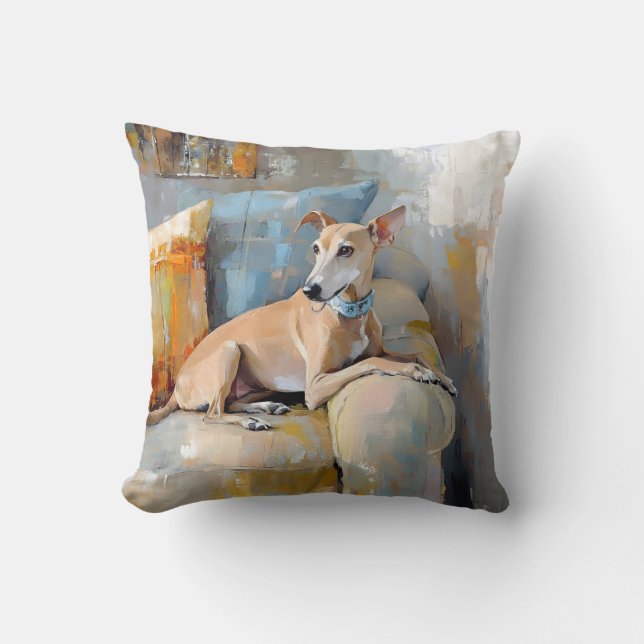 Greyhound on a sofa throw pillow (Front)