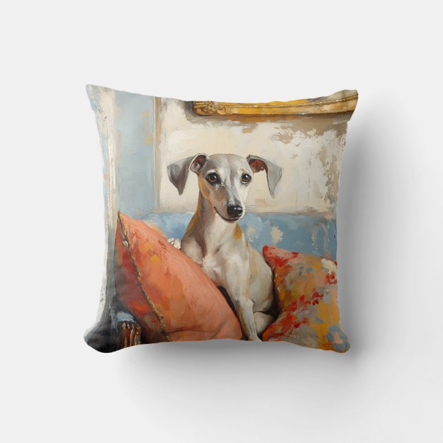 Greyhound on a sofa throw pillow (Front)