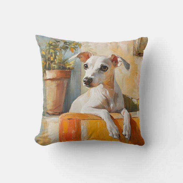 Greyhound on a sofa throw pillow (Front)