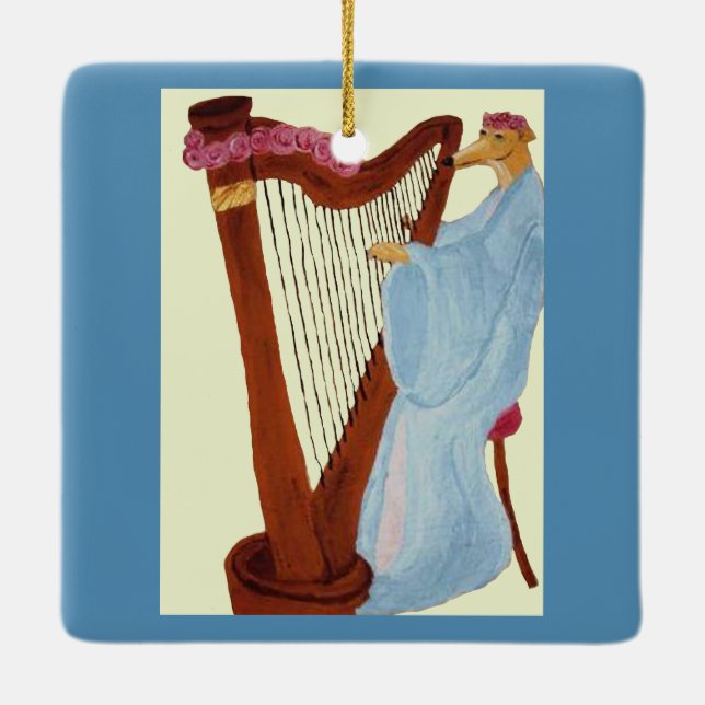 Greyhound Playing a Harp Ceramic Ornament (Back)