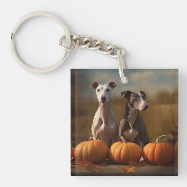Greyhound Puppy Autumn Delight Pumpkin Keychain (Front)