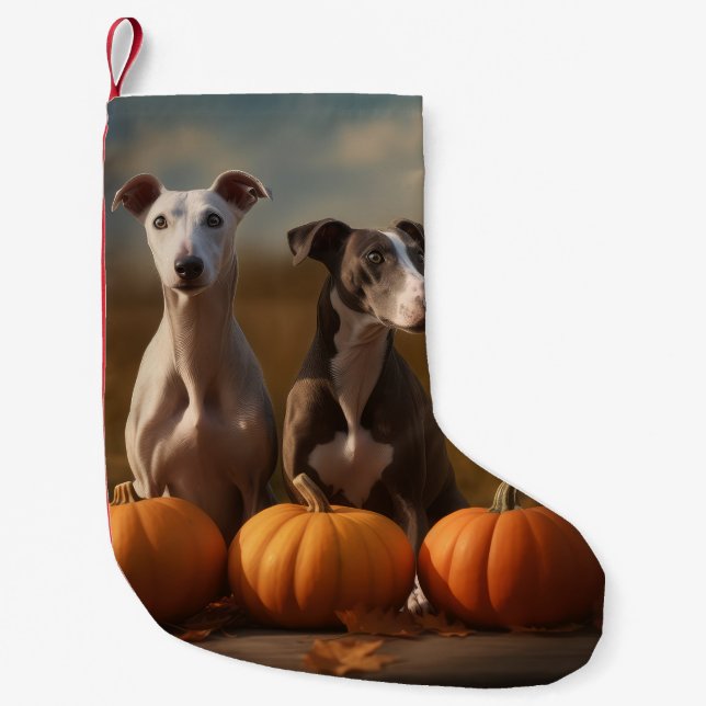 Greyhound Puppy Autumn Delight Pumpkin Small Christmas Stocking (Front)