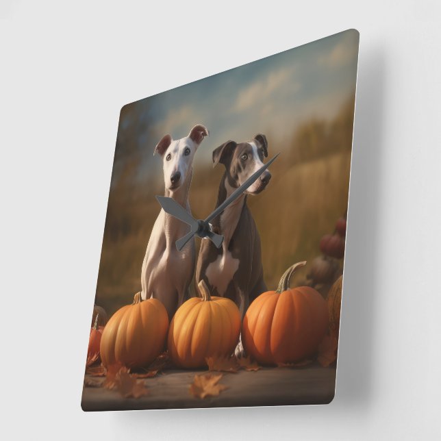 Greyhound Puppy Autumn Delight Pumpkin Square Wall Clock (Angle)