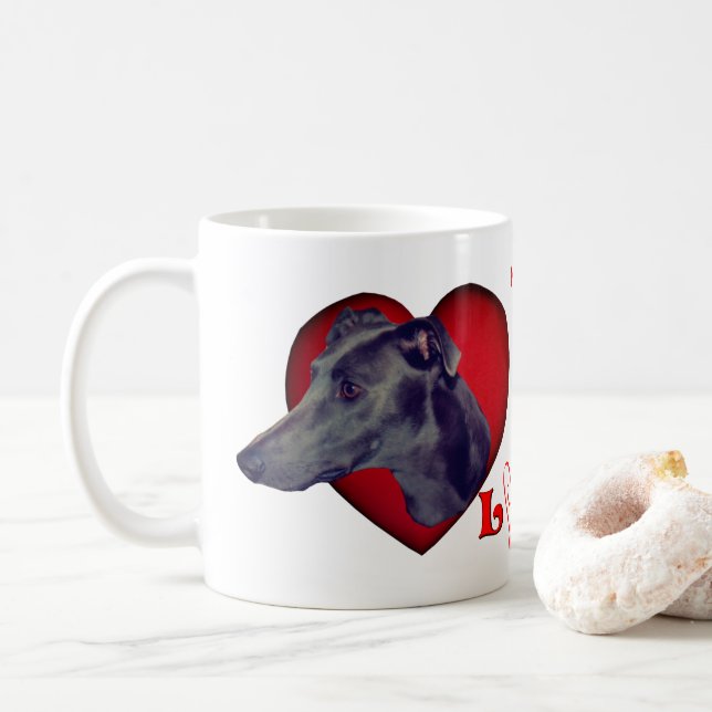 Greyhound Red Heart Love Personalized Coffee Mug (With Donut)