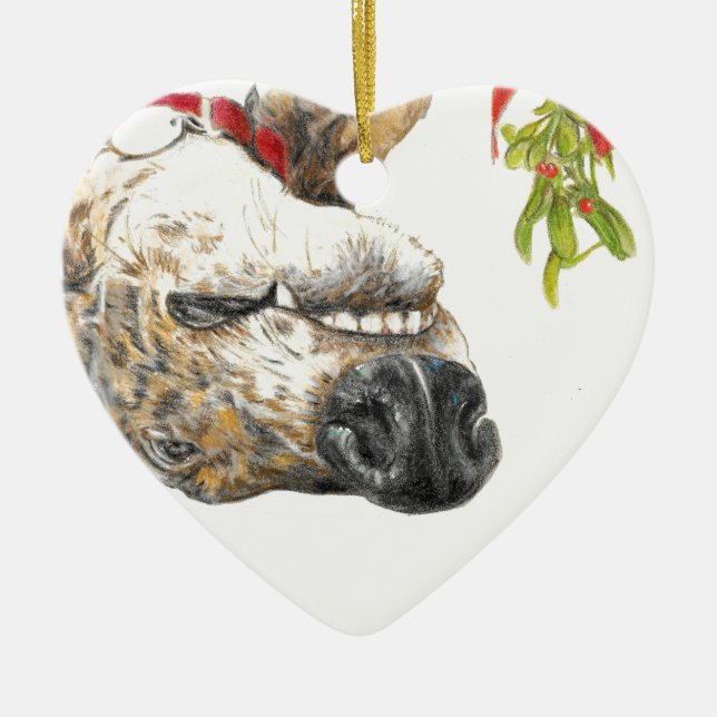 Greyhound roaching under the mistletoe ceramic ornament (Front)