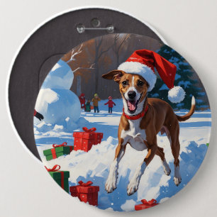 Greyhound Running in Snow with Christmas Hat 6 Inch Round Button