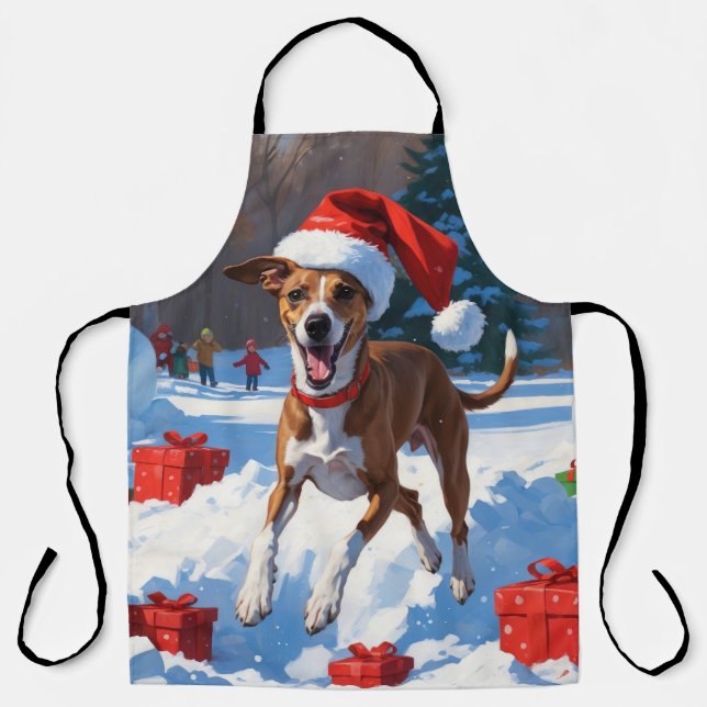 Greyhound Running in Snow with Christmas Hat Apron (Front)