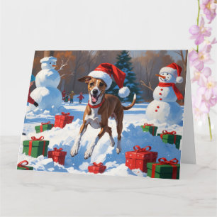 Greyhound Running in Snow with Christmas Hat Card