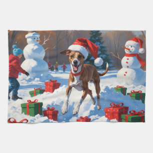 Greyhound Running in Snow with Christmas Hat Kitchen Towel