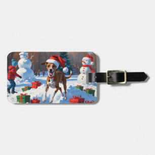 Greyhound Running in Snow with Christmas Hat Luggage Tag