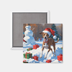 Greyhound Running in Snow with Christmas Hat Magnet