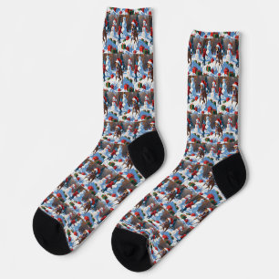 Greyhound Running in Snow with Christmas Hat Socks