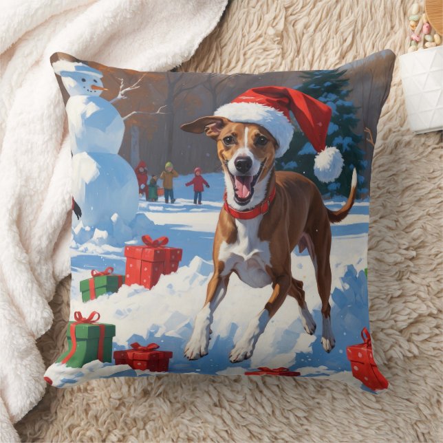 Greyhound Running in Snow with Christmas Hat Throw Pillow (Blanket)