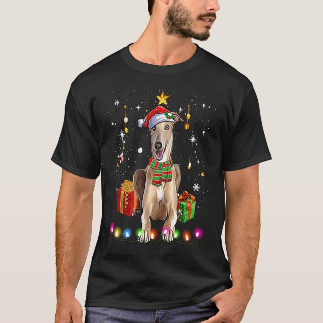 Greyhound Santa Funny Christmas Tree Lights Xmas P T-Shirt (Front)