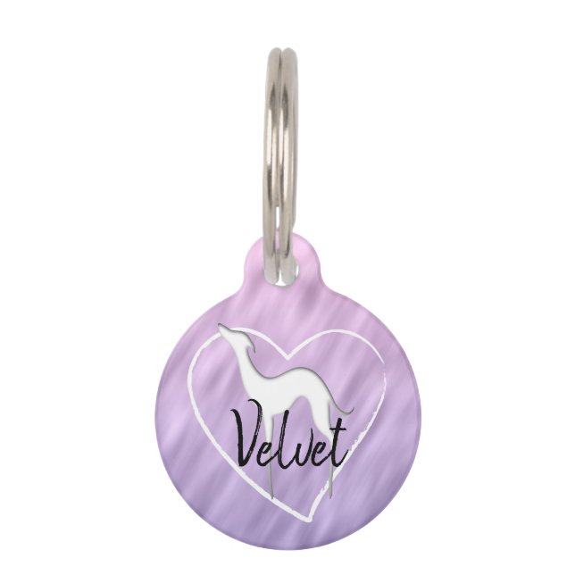 Greyhound silhouette and heart lilac Personalized Pet Tag (Front)