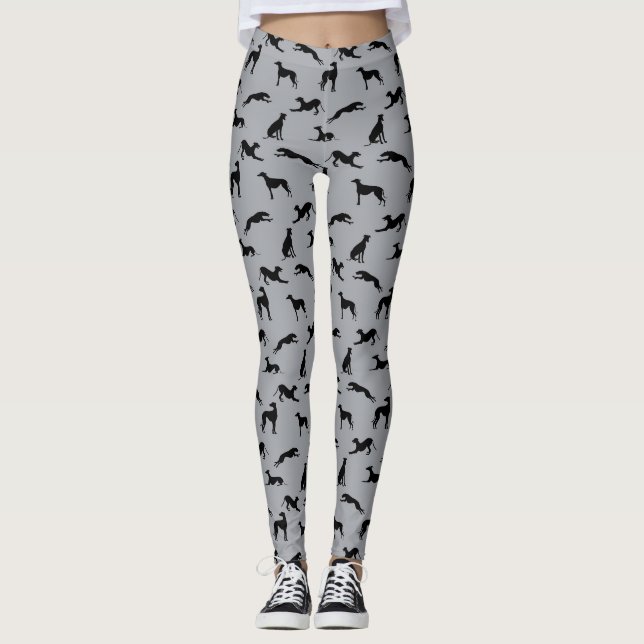 Greyhound Silhouettes Black on Gray Leggings (Front)