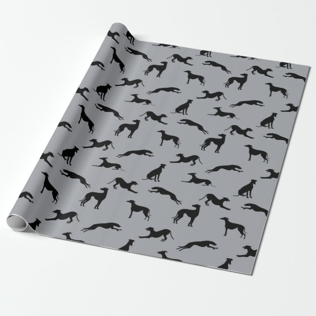 Greyhound Silhouettes Black on Gray Wrapping Paper (Unrolled)