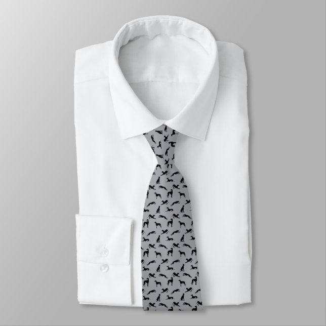 Greyhound Silhouettes Black on Grey Tie (Tied)