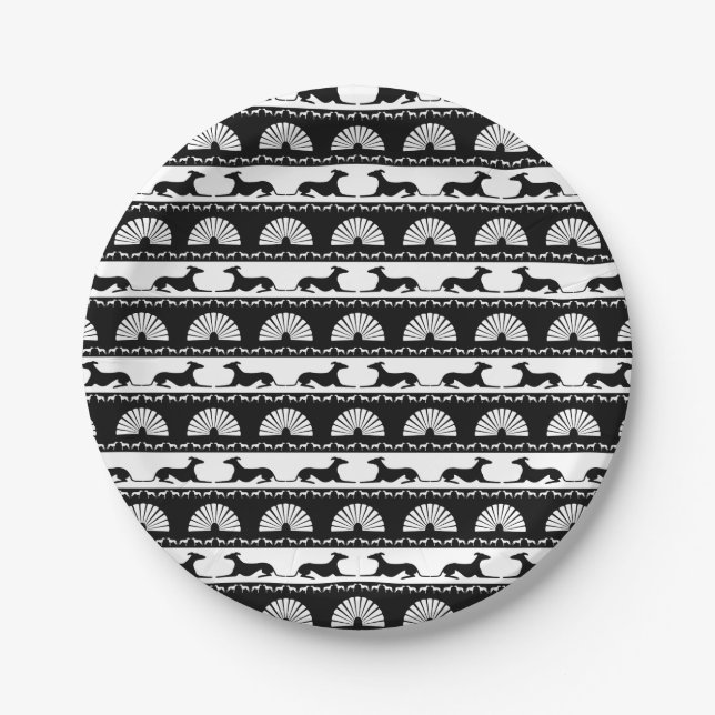 Greyhound Silhouettes Black White Art Deco Fan Paper Plate (Front)