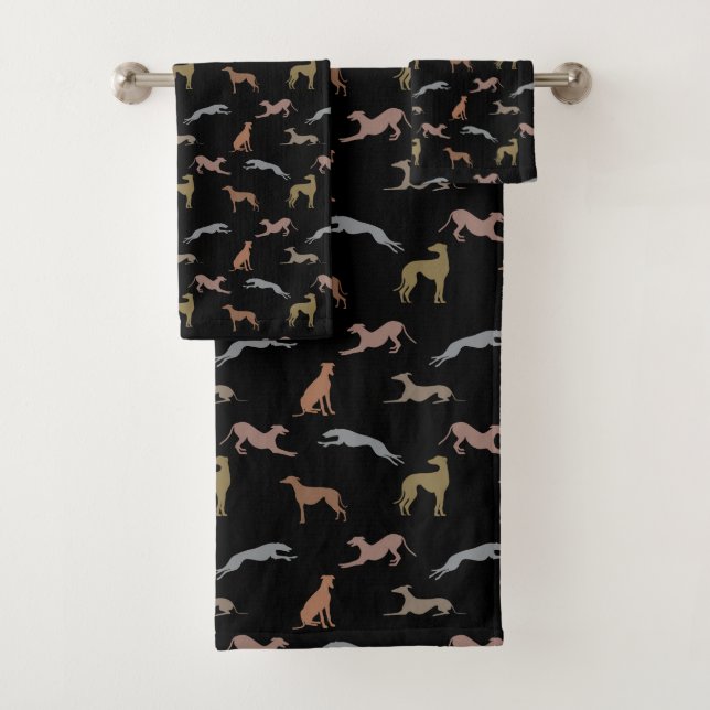 Greyhound Silhouettes Metallic Shades on Black Bath Towel Set (Insitu)