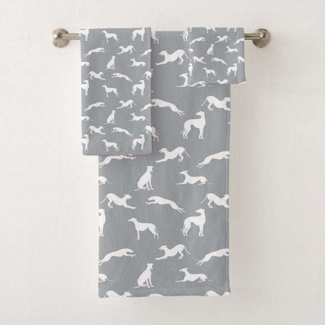 Greyhound Silhouettes White on Gray Bath Towel Set (Insitu)