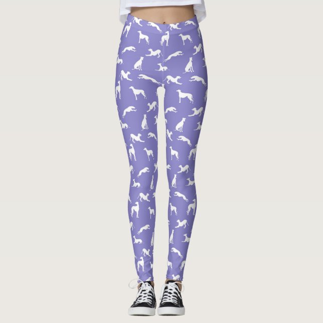 Greyhound Silhouettes White on Purple Leggings (Front)