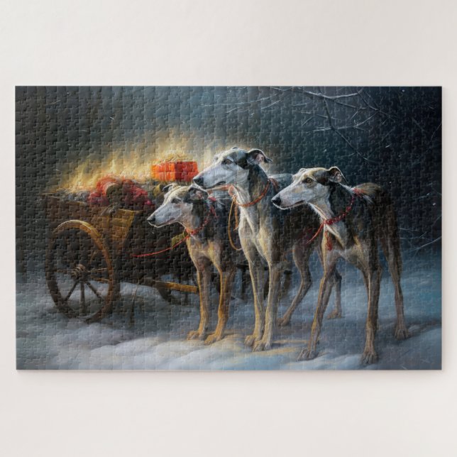 Greyhound Snowy Sleigh Christmas Decor Jigsaw Puzzle (Horizontal)