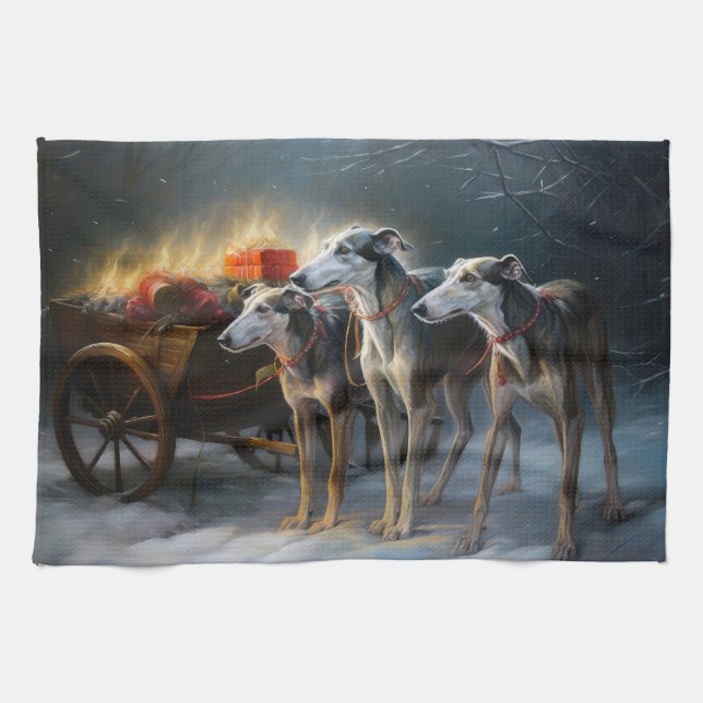 Greyhound Snowy Sleigh Christmas Decor Kitchen Towel (Horizontal)