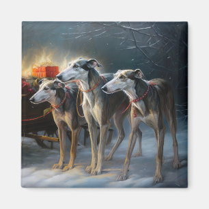 Greyhound Snowy Sleigh Christmas Decor Magnet