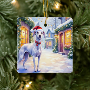 Greyhound Snowy Village Santa Hat Christmas Art Ceramic Ornament