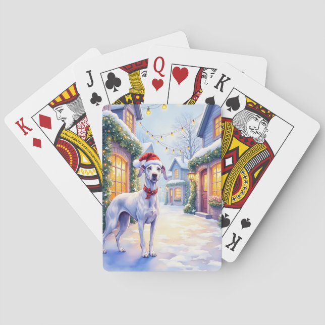 Greyhound Snowy Village Santa Hat Christmas Art Playing Cards (Back)