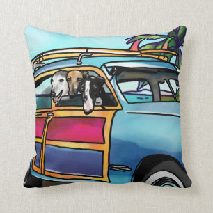 Greyhound Surf Dogs in Hawaii Throw Pillow