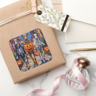 Greyhound Trick-or-Treating in Halloween Costumes Square Sticker