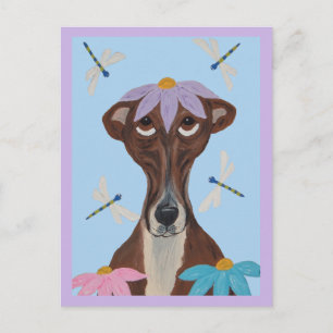 Greyhound with a Flower on its head & Dragonflies Postcard