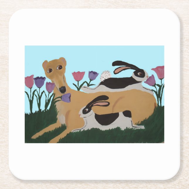 Greyhound with bunnies square paper coaster (Front)